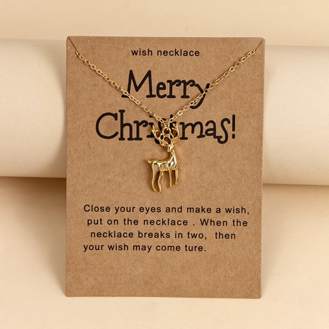 Merry Christmas Wish Card Necklace Gold Plated Alloy Reindeer Christmas Tree Candy Cane Pendant Necklace For Women Festive Jewelry Gift