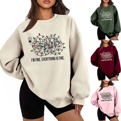 Sweat-shirt Femme Col Rond Doublé Polaire Manches Longues Pull Graphique Drôle Lumières De Noël Haut Décontracté