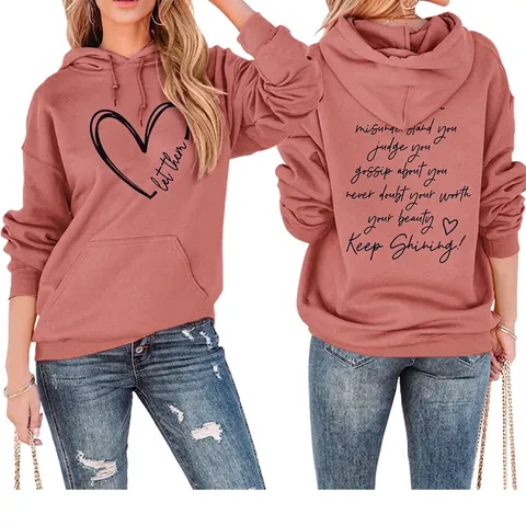 Women Hoodie Cotton Blend Long Sleeve Hooded Drawstring Kangaroo Pocket Inspirational Letter Heart Graphic Casual Loose Fit