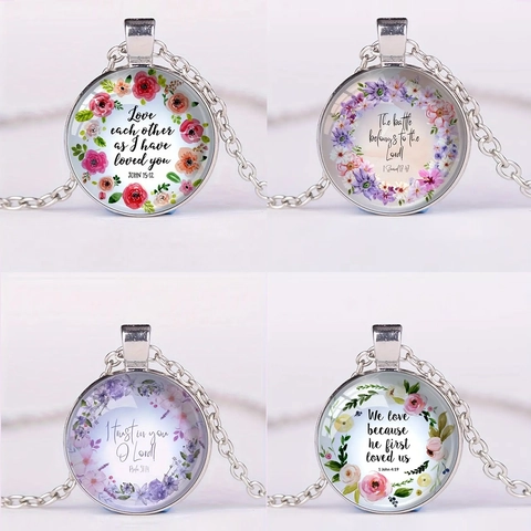 Bibelvers Glas Cabochon Anhänger Halskette Legierung Silberkette Blumenkranz Religiöser Schmuck Geschenk Damen