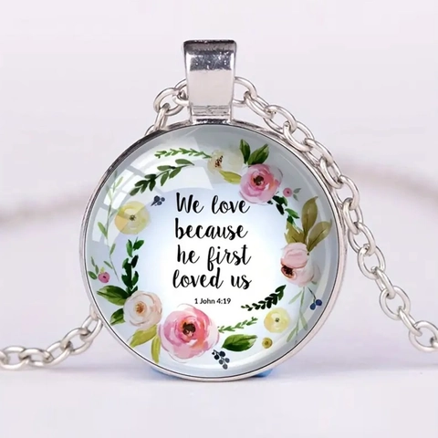 Bibelvers Glas Cabochon Anhänger Halskette Legierung Silberkette Blumenkranz Religiöser Schmuck Geschenk Damen