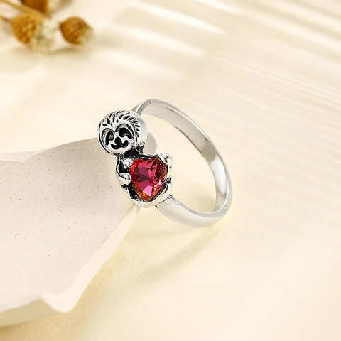 Alloy Sloth Heart Ring Vintage Retro Cartoon Style For Kids Children Inlaid Red Heart Zircon Gemstone