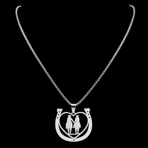 Stainless Steel Horseshoe Heart Pendant Necklace Couple Riding Silhouette Equestrian Jewelry Men Women Gift