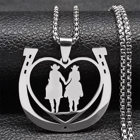 Stainless Steel Horseshoe Heart Pendant Necklace Couple Riding Silhouette Equestrian Jewelry Men Women Gift