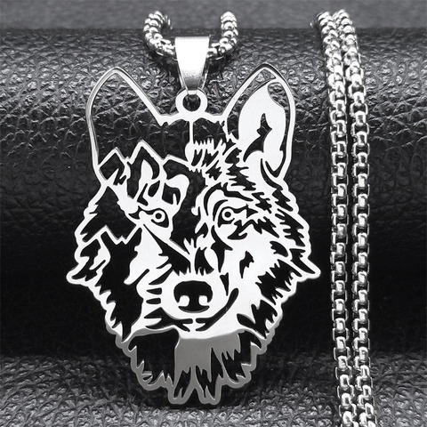 Stainless Steel Wolf Head Pendant Necklace Hollow Out Mountain Forest Design Hip Hop Punk Style For Men Women