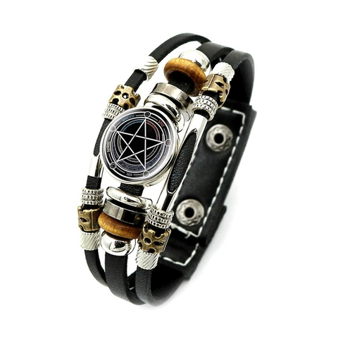 Retro Mehrlagiges Leder Geflochtenes Armband Hexenknoten Pentagramm Punk Perlen Armreif Verstellbarer Knopf Schmuck Für Herren Damen