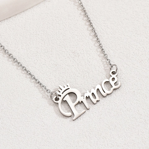 Prince Letter Crown Pendant Necklace Stainless Steel Silver Color Minimalist Elegant Style Jewelry Gift For Men Women