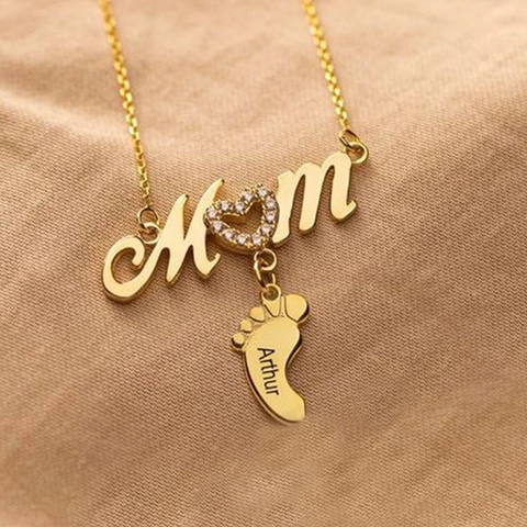 Collana Con Ciondolo Cuore MOM Acciaio Inossidabile Strass Incrostati Impronta Bambino Tono Oro Regalo Per Madre