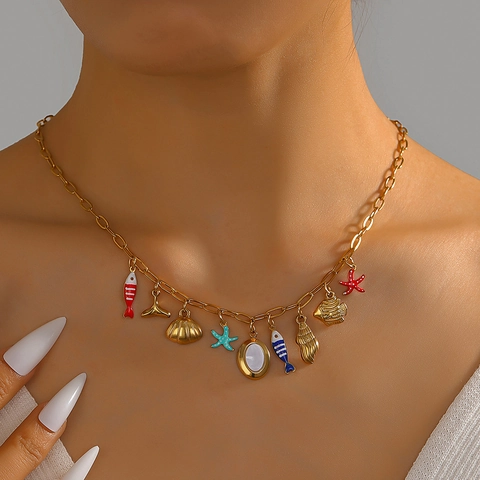 Ocean Charm Necklace Stainless Steel Sea Shell Starfish Fish Tail Summer Beach Jewelry For Women Gold Plated Multi Pendant