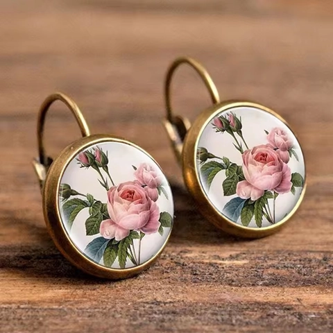 Vintage Bronze Alloy Flower Glass Cabochon Earrings French Lever Back Pink Rose Floral Pattern Drop Earrings For Women Jewelry