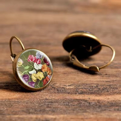 Vintage Bronze Alloy Flower Glass Cabochon Earrings French Lever Back Pink Rose Floral Pattern Drop Earrings For Women Jewelry