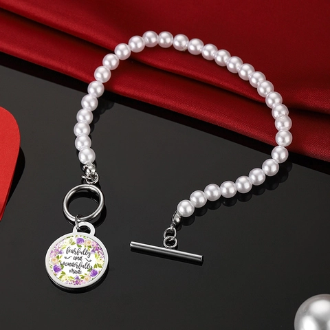 Elegant Imitation Pearl Bracelet Stainless Steel OT Buckle Flower Pendant Inspirational Quotes Bible Verse Bracelet Women Jewelry