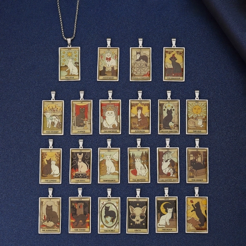 Collar Carta De Tarot Gato Acero Inoxidable Colgante Rectangular Estilo Misterio Retro Joyería Regalo Vintage