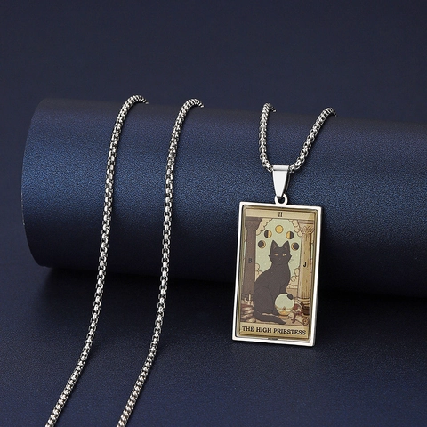 Collar Carta De Tarot Gato Acero Inoxidable Colgante Rectangular Estilo Misterio Retro Joyería Regalo Vintage