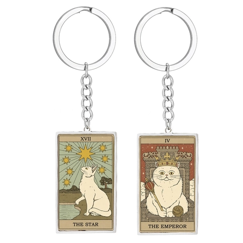 Llavero de Carta de Tarot de Gato Vintage de Acero Inoxidable Colgante de Misterio de Arcanos Mayores Rider Waite Regalo