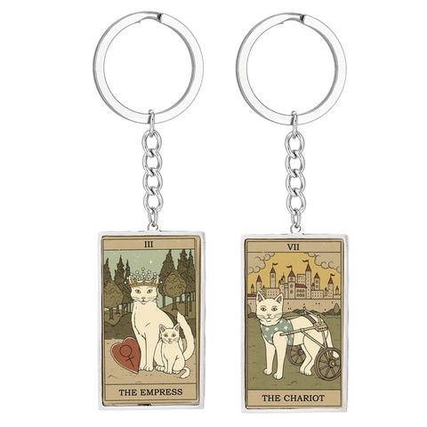 Vintage Cat Tarot Card Keychain Stainless Steel Metal Keyring Pendant Major Arcana Illustration Gift For Cat Lovers