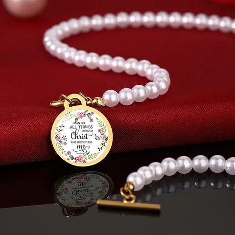Vintage Gold Stainless Steel Flower Pendant Necklace With Imitation Pearl Bible Verse Inspirational Religious Quote Jewelry For Women
