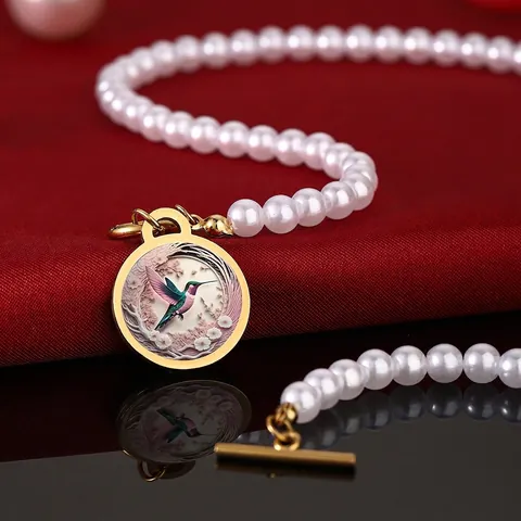 Collar De Perlas Artificiales De Imitación Con Colgante De Pintura Al Óleo De Colibrí De Acero Inoxidable Vintage Para Mujer