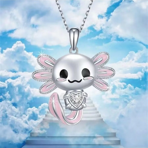 Axolotl Salamander Anhänger Halskette Legierung Rosa Herz Strass Emaille Süßer Tierschmuck Für Damen Mädchen