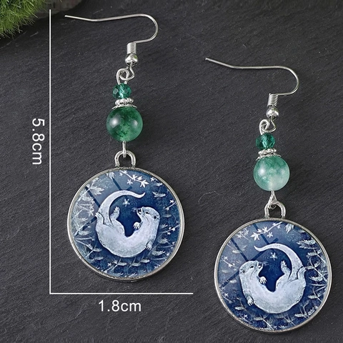 Vintage Stainless Steel Glass Otter Drop Earrings With Green Beads Ethnic Style Starry Sky Painted Dangle Earrings For Women Jewelry