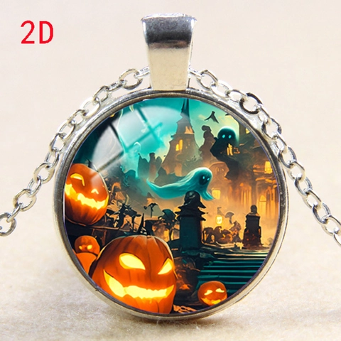 Halloween Pendant Necklace Alloy Glass Time Gem Pumpkin Ghost Black Cat Gothic Party Jewelry For Women Men