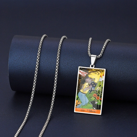 Collier Pendentif Carte De Tarot Acier Inoxydable Vintage Gothique Mystère Style Halloween Bijoux Cadeau Pour Hommes Femmes