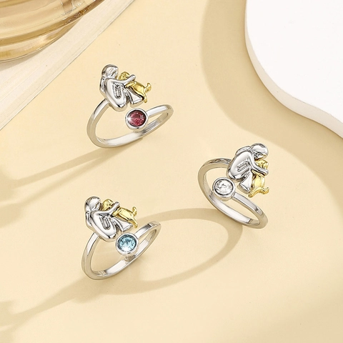 Girl Hugging Dog Adjustable Open Ring Zinc Alloy Rhinestone Dual Tone Heartwarming Jewelry For Women Girls Birthday Gift