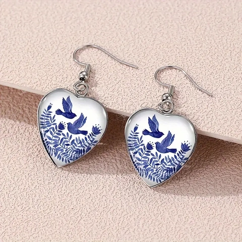 Blue And White Porzellan Stil Blaue Vogel Herz Hängeohrringe Edelstahl Glas Floral Retro Eleganter Schmuck
