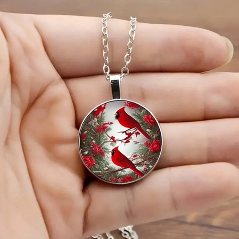 Gioielli Uccello Cardinale Rosso Floreale Collana Orecchini Gancio Bracciale Lega Vetro Cabochon Rotondo Regalo Inverno