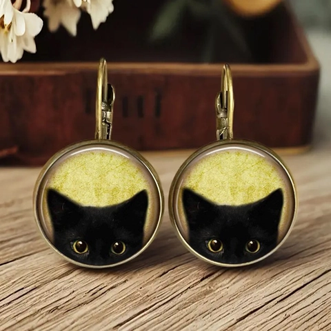 Pendientes de Cabujón de Vidrio de Animales Vintage Aleación de Bronce Antiguo Zorro Gato Gallo Patrón Gancho Leverback