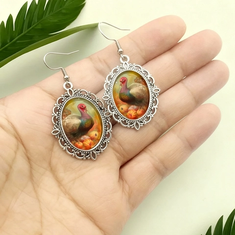 Thanksgiving Turkey Pumpkin Filigree Dangle Earrings Vintage Silver Alloy Glass Cabochon Drop Earrings For Women Holiday Party Jewelry Gift