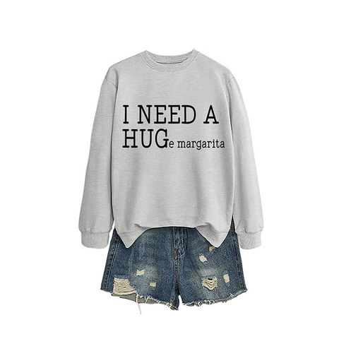Felpa da Donna in Misto Cotone Casual Manica Lunga Girocollo Pullover I Need A Huge Margarita Stampa di Lettere Top