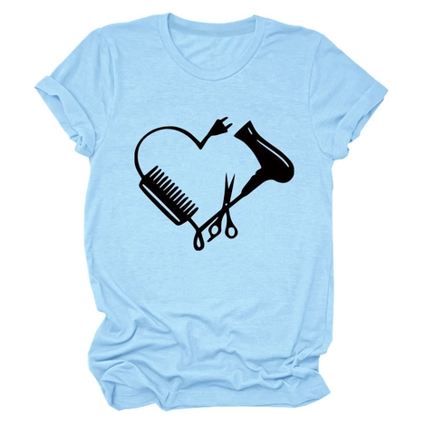 T-Shirt Donna Misto Cotone Morbida Casual Girocollo Cuore Strumenti Da Parrucchiere Stampa Per Parrucchiere
