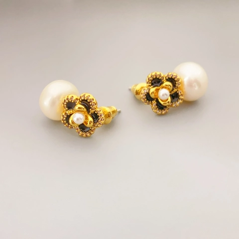 Camellia Flower Stud Earrings With Freshwater Pearl Enamel Zircon Brass For Women With 925 Sterling Silver Earring Post