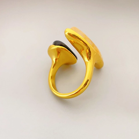 Franse Luxe Niche 18K Vergulde Koperen Open Ring Met Natuurlijke Zwarte Onyx En Rookkwarts Voor Dames