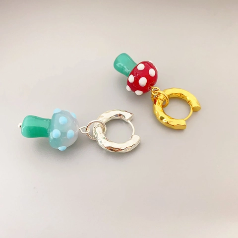 Mushroom Dangle Hoop Earrings Brass 18K Gold Plated Hammered Texture Polka Dot Forest Style Jewelry For Women
