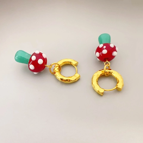 Mushroom Dangle Hoop Earrings Brass 18K Gold Plated Hammered Texture Polka Dot Forest Style Jewelry For Women