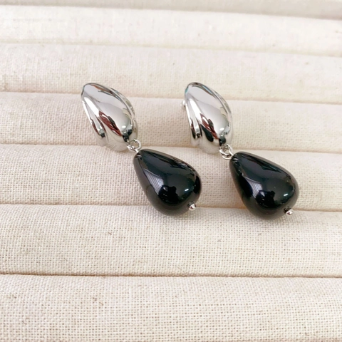 Orecchini A Goccia Con Agata Nera E Perno In Argento Sterling 925 Stile Francese Minimalista Elegante Per Donne