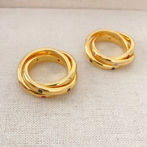 Interlocking Triple Band Ring Copper Real Gold Plated Colorful Zircon Inlaid Vintage Luxury Jewelry For Women Elegant
