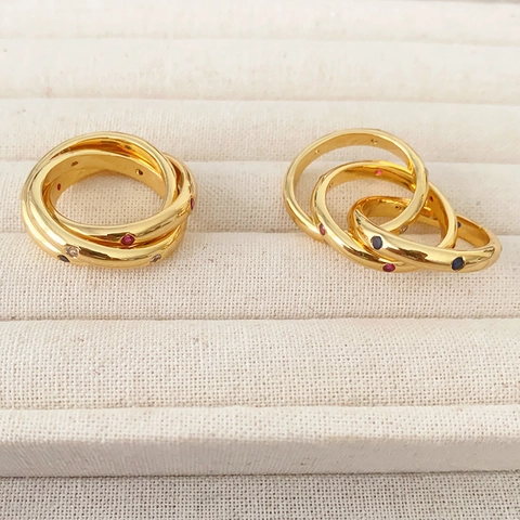 Interlocking Triple Band Ring Copper Real Gold Plated Colorful Zircon Inlaid Vintage Luxury Jewelry For Women Elegant