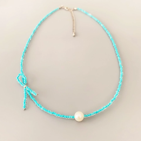 Collar De Cuentas Hecho A Mano Con Lazo Y Perla Artificial Cultivada Cierre De Latón Cadena De Clavícula Azul Claro Para Mujer