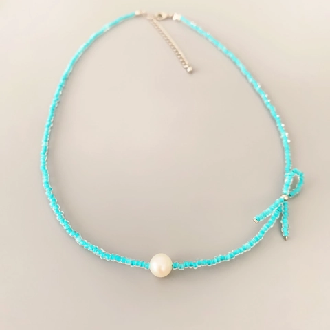 Collar De Cuentas Hecho A Mano Con Lazo Y Perla Artificial Cultivada Cierre De Latón Cadena De Clavícula Azul Claro Para Mujer