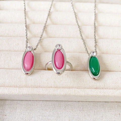 Collier Et Bague Rétro En Calcédoine Verte Et Agate Rose Cuivré Plaqué Bijoux Élégants Pour Femmes Avec Strass