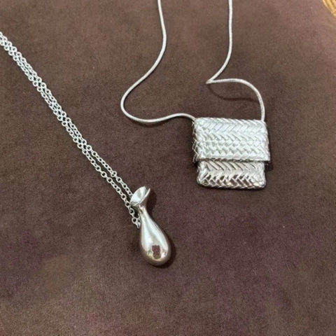 Vintage Woven Mini Bag Water Drop Pendant Necklace For Women 18K Silver Plated Copper Long Sweater Chain Niche Fashion Jewelry