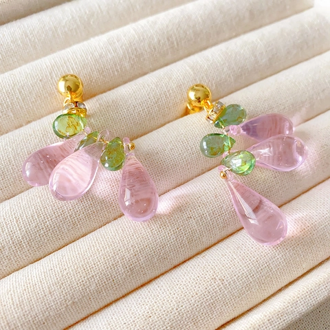 Grape Cluster Dangle Earrings Glass Beads Brass Gold Plated With 925 Sterling Silver Earring Post Pink Green Women Jewelry