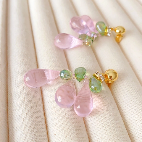 Grape Cluster Dangle Earrings Glass Beads Brass Gold Plated With 925 Sterling Silver Earring Post Pink Green Women Jewelry