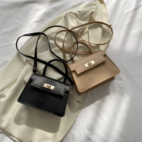 Women Handbag PU Leather Turn Lock Small Square Crossbody Bag With Top Handle Detachable Strap Elegant Versatile Bag