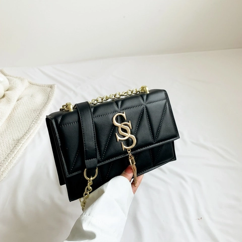 Women Quilted Crossbody Bag PU Leather Rhomboid Pattern Gold Chain Strap Tassel Metal Logo Small Square Handbag Stylish