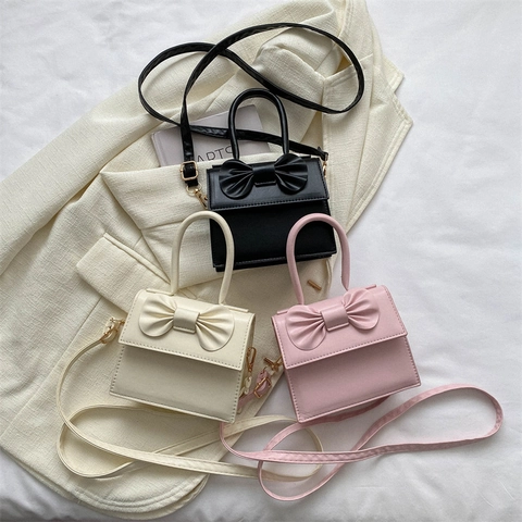 Borsa a Mano Mini Con Fiocco da Donna in Pelle PU Piccola Borsa a Spalla Quadrata Dolce Borsa a Tracolla Con Manico