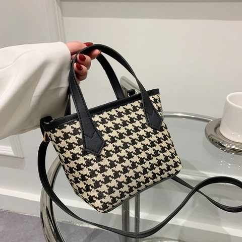 Bolso De Hombro Con Patrón De Pata De Gallo Lana Cuero PU Empalme Bolso De Mano Correa Ajustable Mujeres Vintage Tote